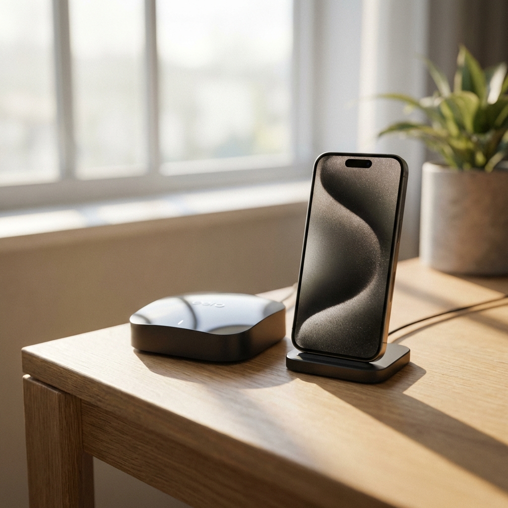 Ein Internet-Router und ein iPhone, die zusammen auf einem Schreibtisch liegen