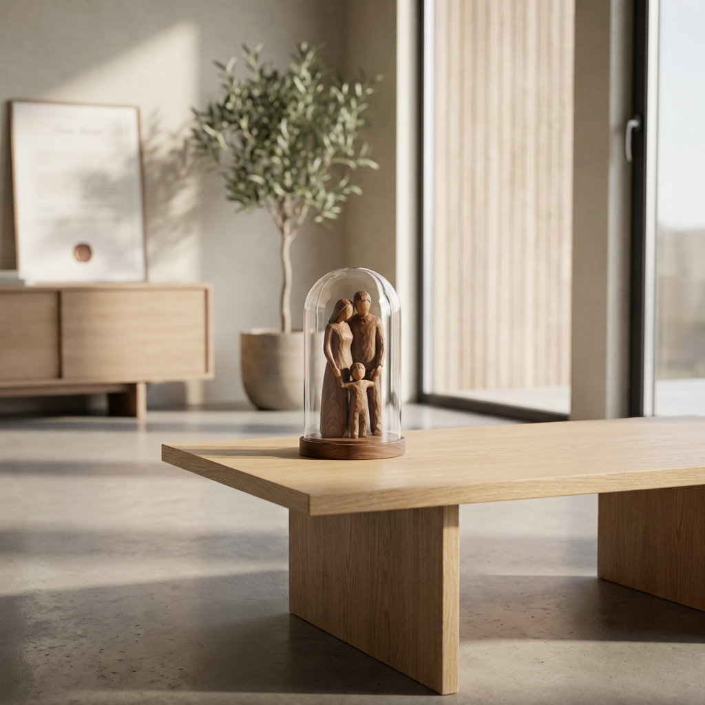 Eine Glasfigur in Form einer Familie, die auf einem Schreibtisch steht